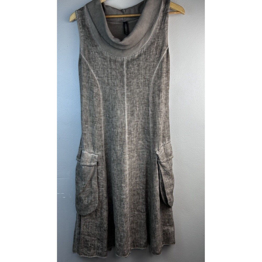 ONZ MADE IN ITALY 100% LINEN DRESS SZ SMALL MIDI SLEEVELESS Dark Tan Cowl neck